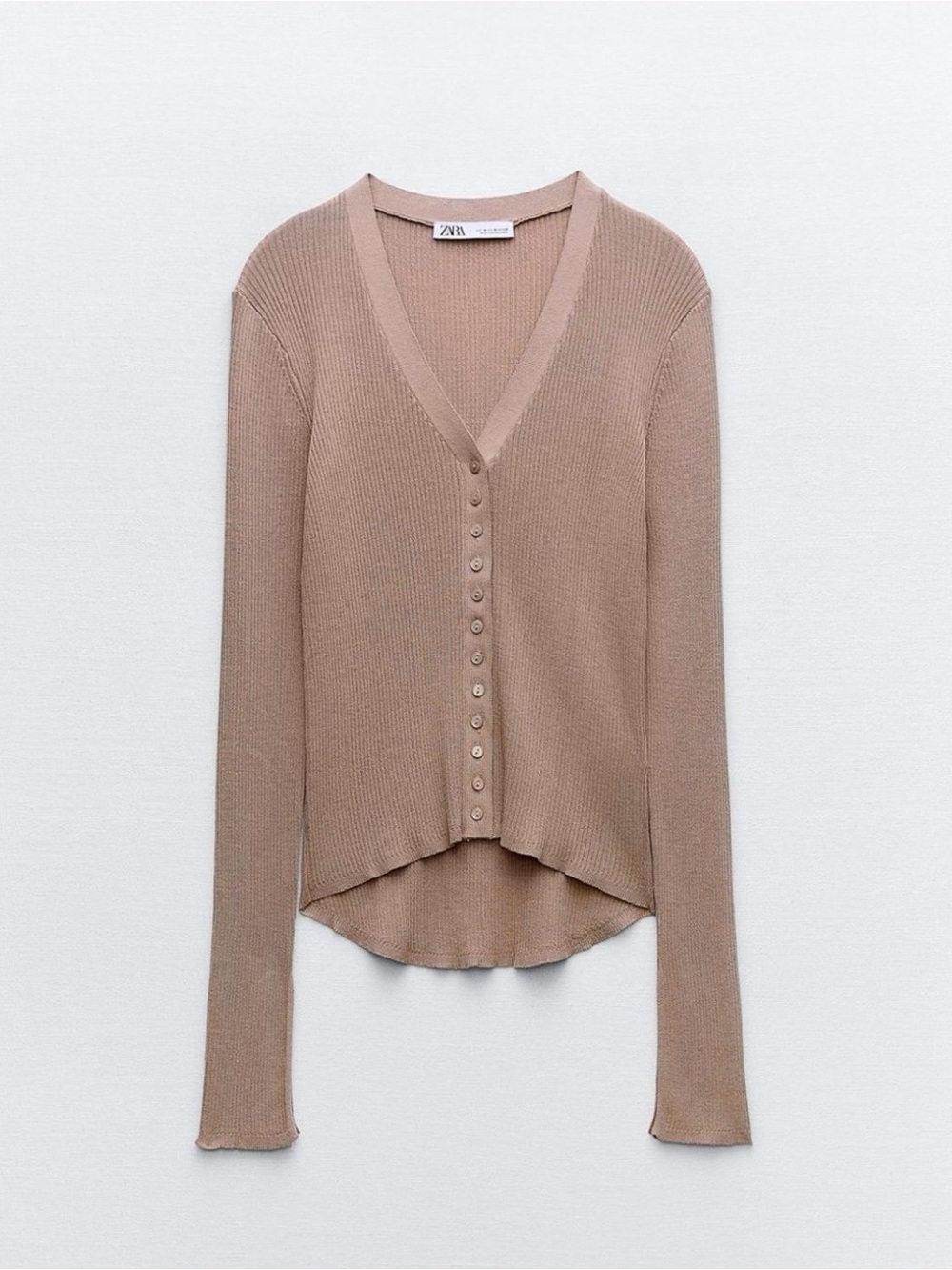 Zara Ribbed Button‑Up Cardigan – Taupe, Size Medium